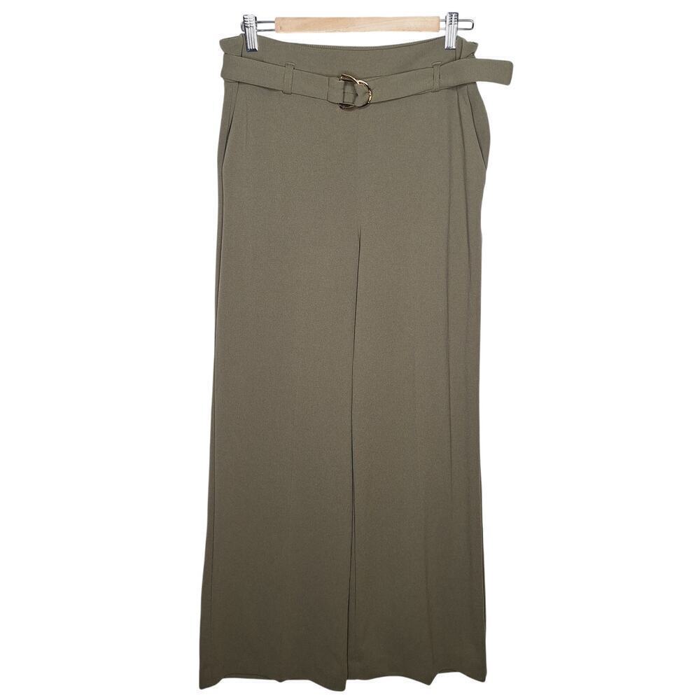 Calvin Klein Wide Leg High Rise Trouser Dress Pants Womens 8 Belted Career Olive